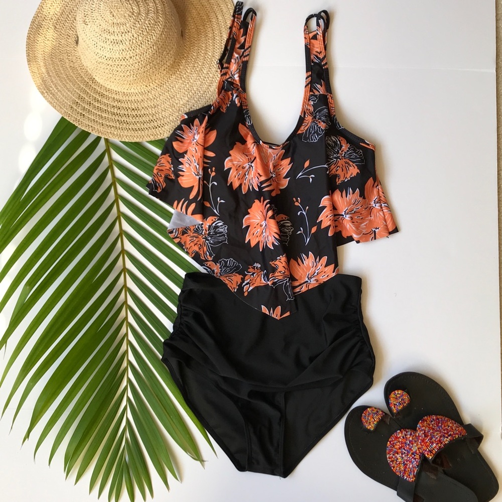 Ruffled flounce floral high waist bikini swimsuit